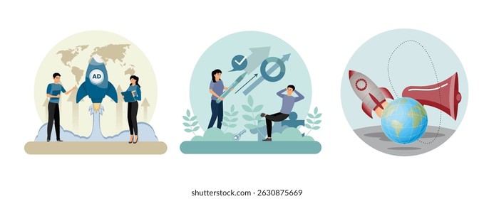 Professionals conceptualizing a rocket launch symbolizing a digital advertising campaign. Company advertising development process. A rocket, earth globe, and a megaphone.