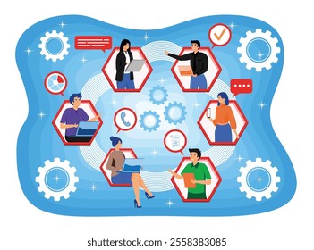 Professionals connected via technology, communicating and collaborating digitally to achieve common goals in a modern business environment. Flat vector modern illustration 