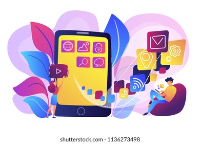 It professionals are creating mobile applications on the smartphone screen. Mobile app development, coding designing for smartphones or tablets concept. Violet palette. Vector illustration