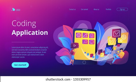 It professionals are creating mobile applications on the smartphone screen. Mobile app development, coding designing for smartphones or tablets concept. Violet color. Website landing web page template