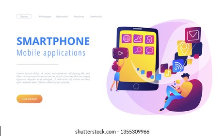 It professionals are creating mobile applications on the smartphone screen. Mobile app development, coding designing for smartphones or tablets concept. Violet color. Website landing web page template