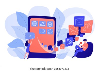 It professionals are creating mobile applications on the smartphone screen. Mobile app development, coding designing for smartphones or tablets concept. Pinkish coral blue palette. Vector illustration