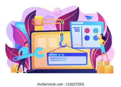 It professionals are creating web site on the laptop screen. Website development or web application, coding, designing for web browsers concept. Violet palette. Vector illustration on background