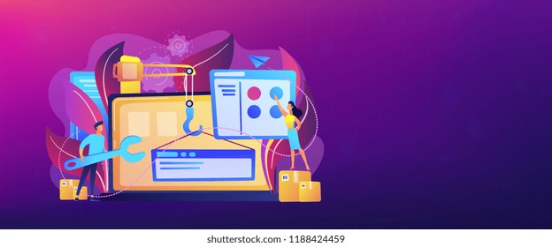 It professionals are creating web site on the laptop screen. Website development or web application, coding, designing for web browsers concept. Violet palette. Header or footer banner template.