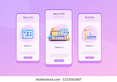 Los profesionales de la tecnología de la información están creando un sitio web en la pantalla del portátil. Desarrollo de sitios web o aplicación web, codificación, diseño para el concepto de navegadores web. Paleta violeta. Plantilla de interfaz de aplicación para usuario de interfaz de usuario de Mobile.