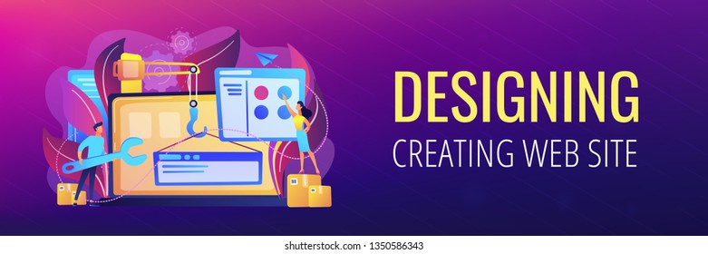 It professionals are creating web site on the laptop screen. Website development or web application, coding, designing for web browsers concept. Violet palette. Header or footer banner template.