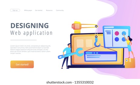 It professionals are creating web site on the laptop screen. Website development or web application, coding, designing for web browsers concept. Violet palette. Website landing web page template.