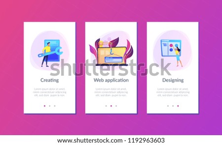 It professionals are creating web site on the laptop screen. Website development or web application, coding, designing for web browsers concept. Violet palette. Mobile UI UX app interface template.