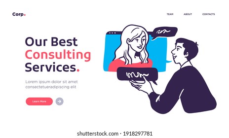 Professionals customer support service. Landing page template design. Modern flat design concept of web page design for website. Vector