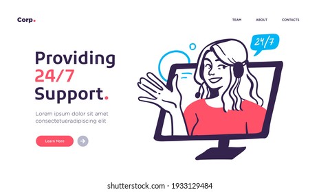Servicio de atención al cliente profesional. Diseño de plantilla de página de inicio. Concepto moderno de diseño plano del diseño de páginas web para sitio web. Vector