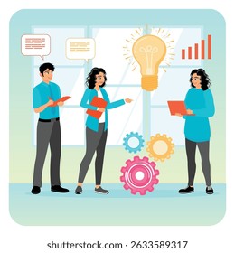 Profissionais discutem ideias criativas, opiniões e brainstorming com gráficos vibrantes e uma lâmpada simbólica. Conceito de comunicação em equipe.