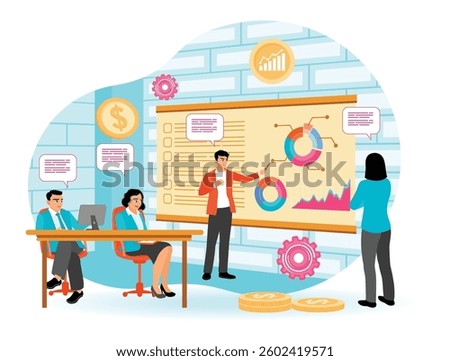 Professionals discussing financial and analytical data through charts and presentations, Presentation concept. Flat vector illustration