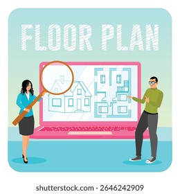 Professionals discussing a floor plan displayed on a laptop screen. Focusing on architectural and design for home planning in a digital format. Real estate listing services concept.