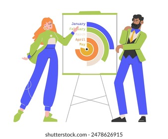 Profesionales discutiendo una presentación de inicio con gráficos y tablas en un tablero, mostrando cronologías de proyectos y estrategias de negocio. Trabajo en equipo, planificación empresarial y presentaciones corporativas.