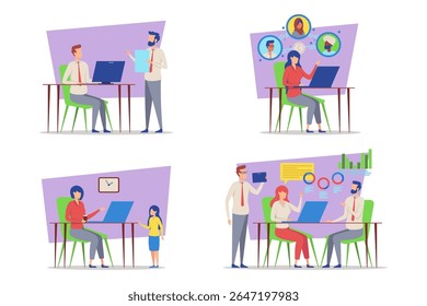 Professionals engaged in remote collaboration, discussing ideas through video calls and meetings in vibrant setting. Modern work environments and teamwork strategies concept