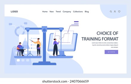 Professionals engaging in training format selection, using a modern platform with charts and digital tools. Making informed choices for upskilling endeavors. Collaborative decision-making. Flat vector