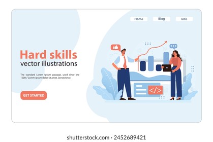 Professionals enhancing career prospects through hard skills development, with a focus on analytics and coding. Mastery in the digital age. Flat vector illustration.