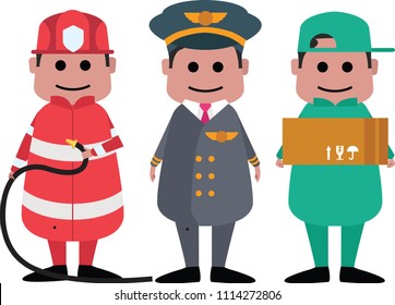 professionals  fire man, pilot, parcel boy