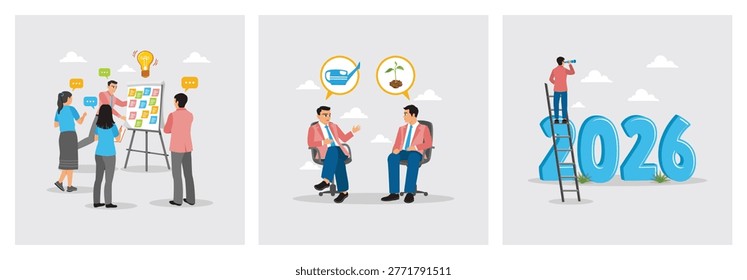 Professionals gathers around a presentation board filled with sticky notes. Exchanging ideas about growth and sustainable. Person peering through a telescope at 2026 digits. Risk management concept.