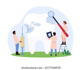 Professionals investigating a tooth cavity with tools and magnifying glass, focusing on dental health, treatment, and cavity repair vector illustration.