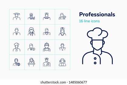 Professionals line icon set. Cook, financier, sailor, chemist. People concept. Can be used for topics like job, occupation, labor