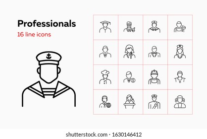 Professionals line icon set. Cook, financier, sailor, chemist. People concept. Can be used for topics like job, occupation, labor