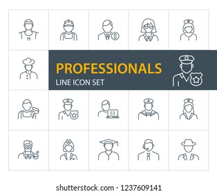 Professionals line icon set. Doctor, sportsman, policeman. Occupation concept. Can be used for topics like work, vocation, expertise