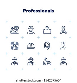 Professionals line icon set. Set off line icons on white background. Doctor, engineer, builder. Job concept. Vector illustration can be used for topics like career, sociality, business