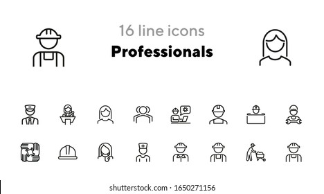 Professionals line icon set. Set off line icons on white background. Doctor, engineer, builder. Job concept. Vector illustration can be used for topics like career, sociality, business