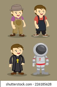 Professionals and occupations vector illustration isolated on brown plain background. farmer or handyman, barista or kitchen helper, priest and astronaut.