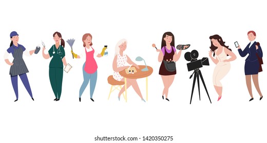 Professionals people 7 female worker characters. Woman illustration set isolated on white background. Vector illustration flat style. For stylish designs motion animation websites promo prints. 