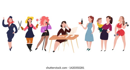 Professionals people 7 female worker characters. Woman illustration set isolated on white background. Vector illustration flat style. For stylish designs motion animation websites promo prints. 