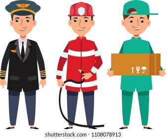 professionals pilot, fire man. delivery man