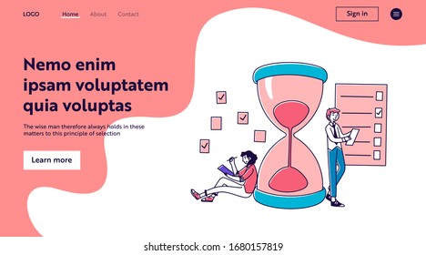 Professionals planning project tasks. Man and woman filling check list at hour glass. Vector illustration for time management, scheduling, deadline concept