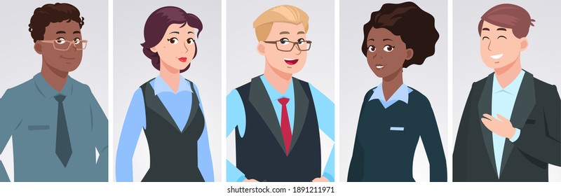 Professionals portraits. Diverse business people group, ethnically mixed happy persons. Office managers characters, corporate face team vector set