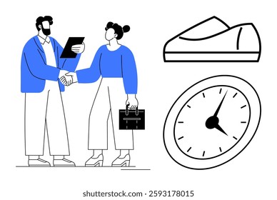 Professionals shaking hands, one holds a clipboard, the other carries a briefcase. Highlighted shoe and analog clock. Ideal for business partnerships, contract signing, teamwork, professional attire