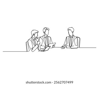 Professionals sitting at a table, engaging in a discussion. One holds a pen with a laptop, another handles a tablet or document, and the third has their hands on the table. Business illustration draw