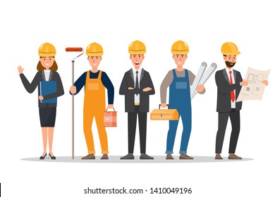 professionals teamwork, architect, foreman, engineering construction worker in different character. vector illustration cartoon character design