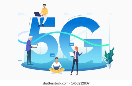 Professionals using high speed 5G network. Fifth generation, internet, speech bubble. Technology concept. Vector illustration can be used for topics like telecommunication, interacting, teamwork