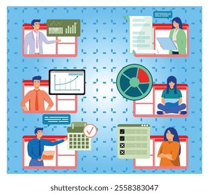 Professionals utilize resources for productivity and teamwork in various scenarios. Focus in a modern business environment. Flat vector modern illustration 