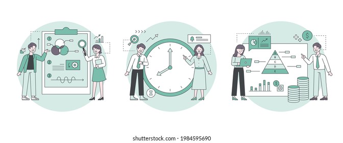 Professionals who analyze information graphs and people who analyze working hours. Outline flat design style minimal vector illustration set.