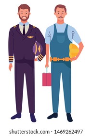 Professionals workers airliner pilot and carpenter with tools smiling cartoons ,vector illustration graphic design.