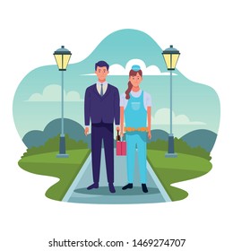 Professionals workers businessman with briefcase and pumbler smiling cartoons on path in the park ,vector illustration graphic design.