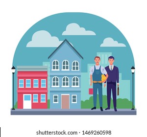 Professionals workers carpenter and businessman with briefcase smiling cartoons ,vector illustration graphic design.