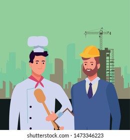 Professionals workers characters smiling cartoons in construction zone buildings background ,vector illustration graphic design.