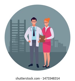 Professionals workers characters smiling cartoons in construction zone buildings background ,vector illustration graphic design.