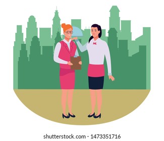 Professionals workers characters smiling cartoons in the city, urban scenery background ,vector illustration graphic design.