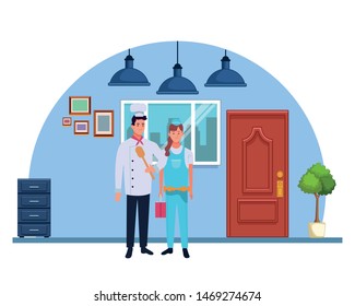 Professionals workers chef and pumbler with toolbox smiling cartoons in the office with drawers and cabinets ,vector illustration graphic design.