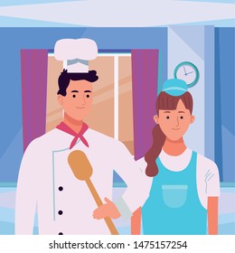 Professionals workers chef and pumbler with toolbox smiling cartoons inside office with window ,vector illustration graphic design.