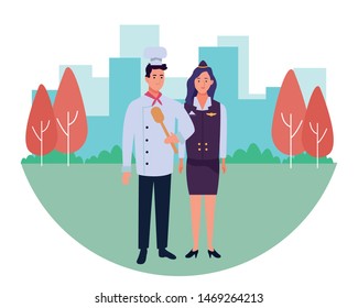 Professionals workers chef with spoon and stewardess smiling cartoons in the city urban background with cityscape ,vector illustration graphic design.